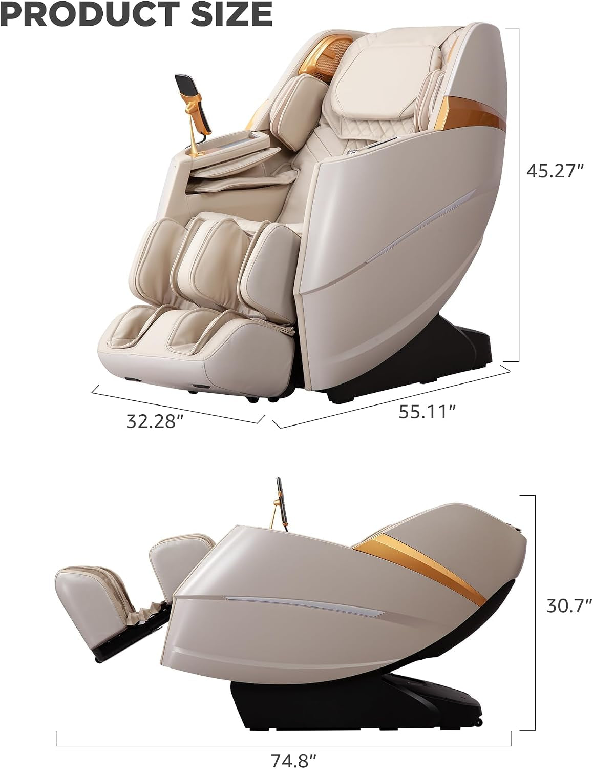 4D Massage Chair Full Body Zero Gravity Massage Recliner Chair SL Track Motorized Extension Calf Kneading Massage Yoga Stretch Back Heating 20 Modes Space Saving AI Control Ivory Beige
