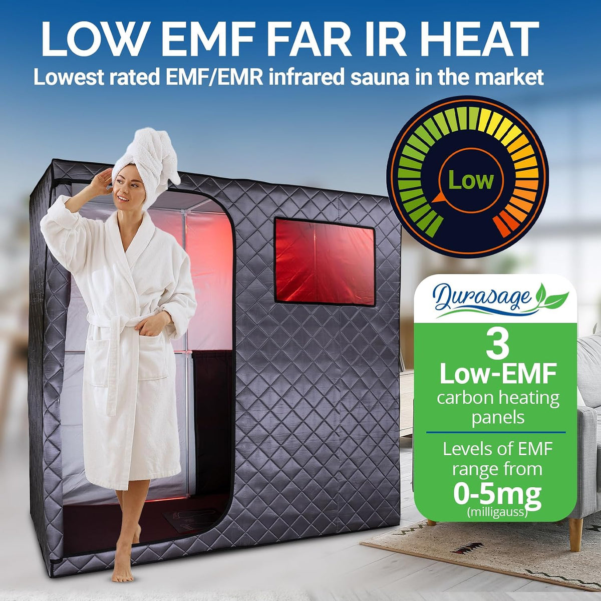 Portable Full Size Infrared Sauna for at Home Ultra Low EMF Infrared Panels LED Lighting, Heating Foot Pad, Ceramic Heat Fan (2-Person), Gray, Updated Version