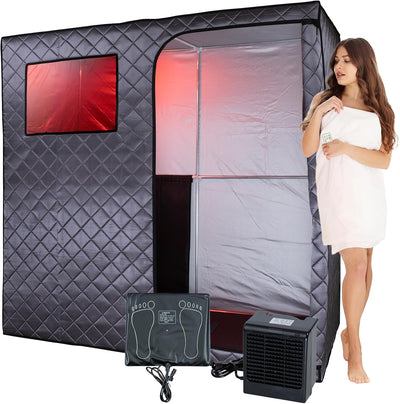 Portable Full Size Infrared Sauna for at Home Ultra Low EMF Infrared Panels LED Lighting, Heating Foot Pad, Ceramic Heat Fan (2-Person), Gray, Updated Version