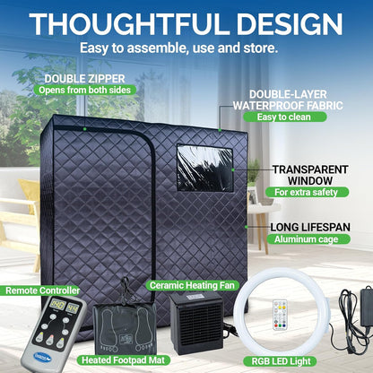 Portable Full Size Infrared Sauna for at Home Ultra Low EMF Infrared Panels LED Lighting, Heating Foot Pad, Ceramic Heat Fan (2-Person), Gray, Updated Version