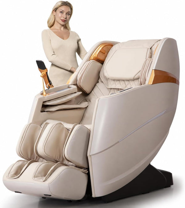 4D Massage Chair Full Body Zero Gravity Shiatsu, Ivory Beige | 20 Auto Programs, Body Scan, Full-Body Airbags, Foot Rollers, Back Heat, Bluetooth Speakers, Adjustable Intensity